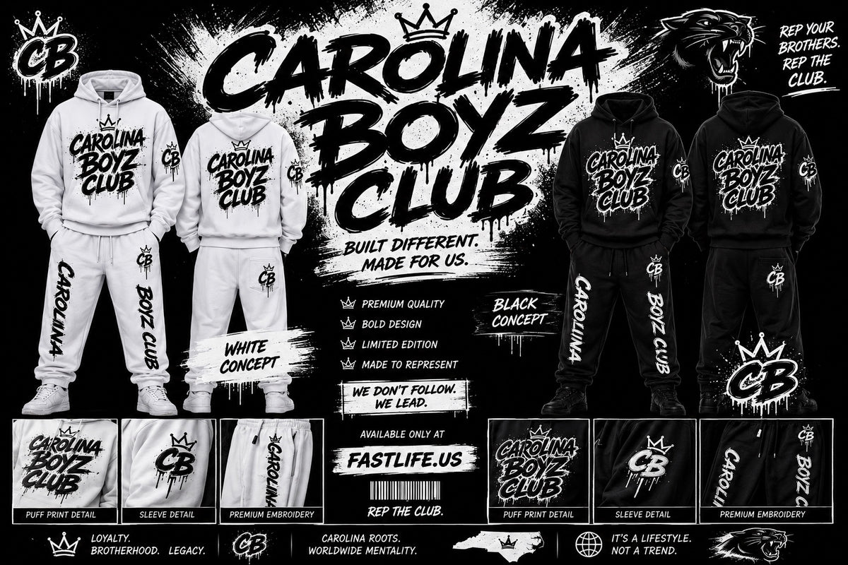 Carolina Boyz Club black-and-white concept artwork, Built Different. Made For Us.
